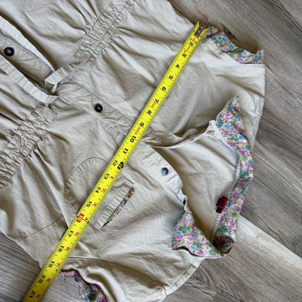 Y2K Merona XL Tan Khaki Floral Trim Button Down Shirt Dress Short Sleeve Pockets - Picture 8 of 8